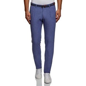 oodji Men's Cotton Chino Straight-Fit Pants W/Belt Blue 28 x 30 (Runs Small)
